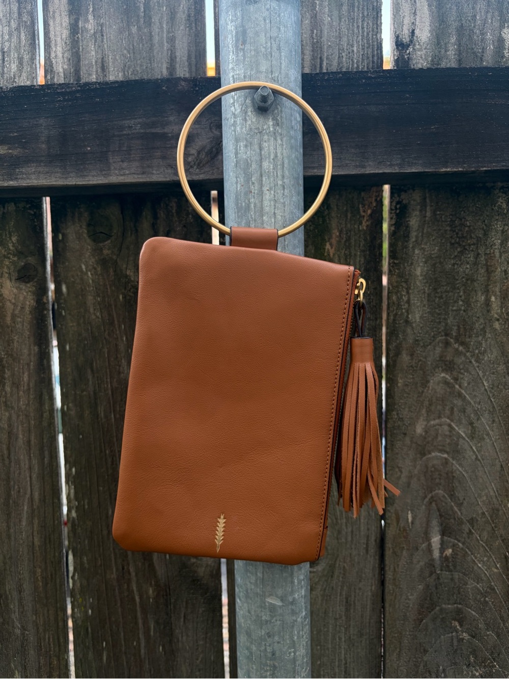 Thacker Brown Leather Wristlet Clutch with Gold Ring Handle